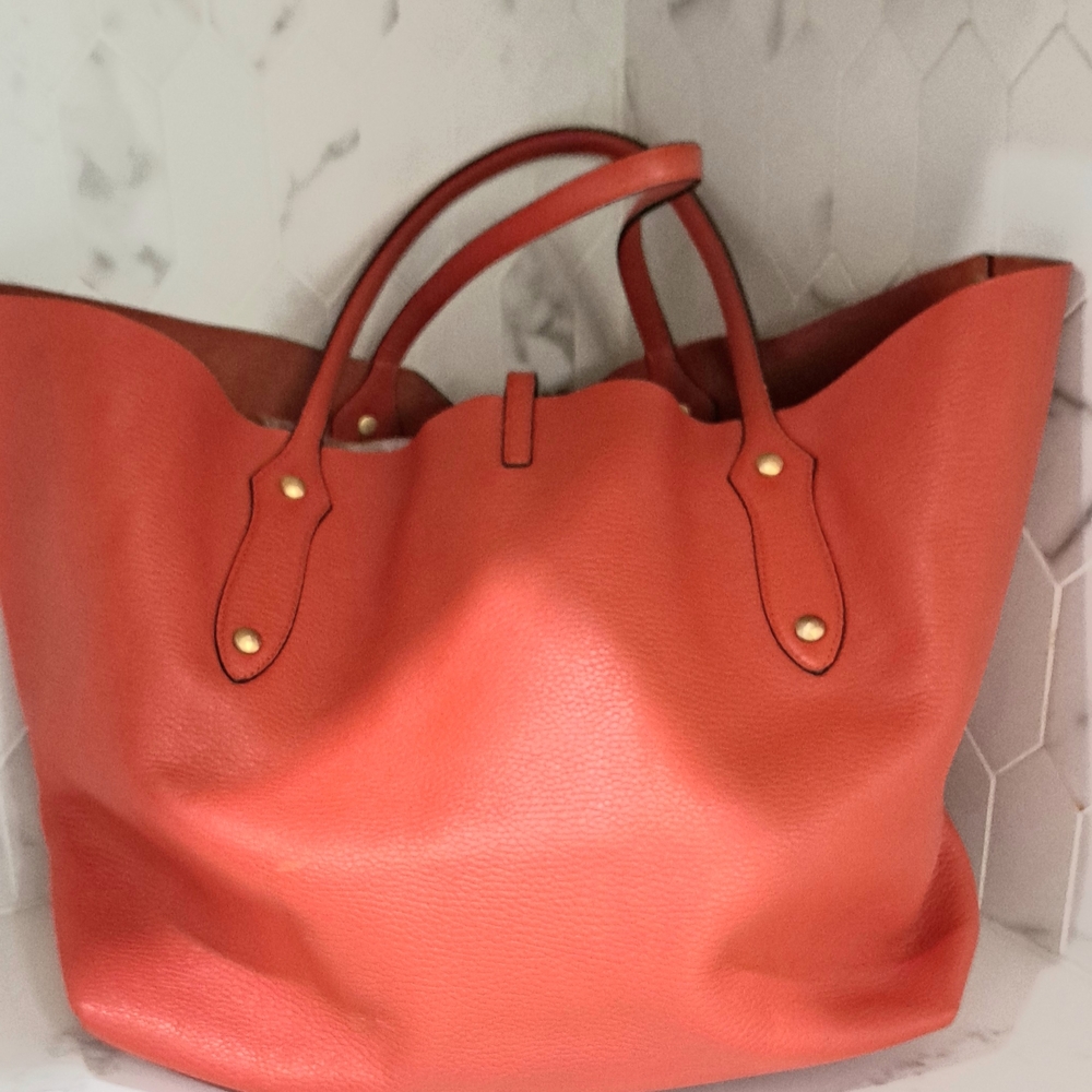 Elegant Coral Leather Tote Bag--Annabel Ingall